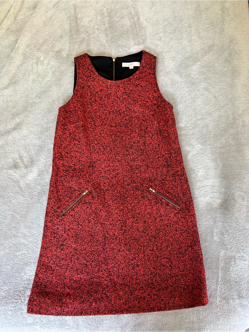 LOFT Orange-Red Tweed Zip-Pocket Sleeveless Shift Dress
